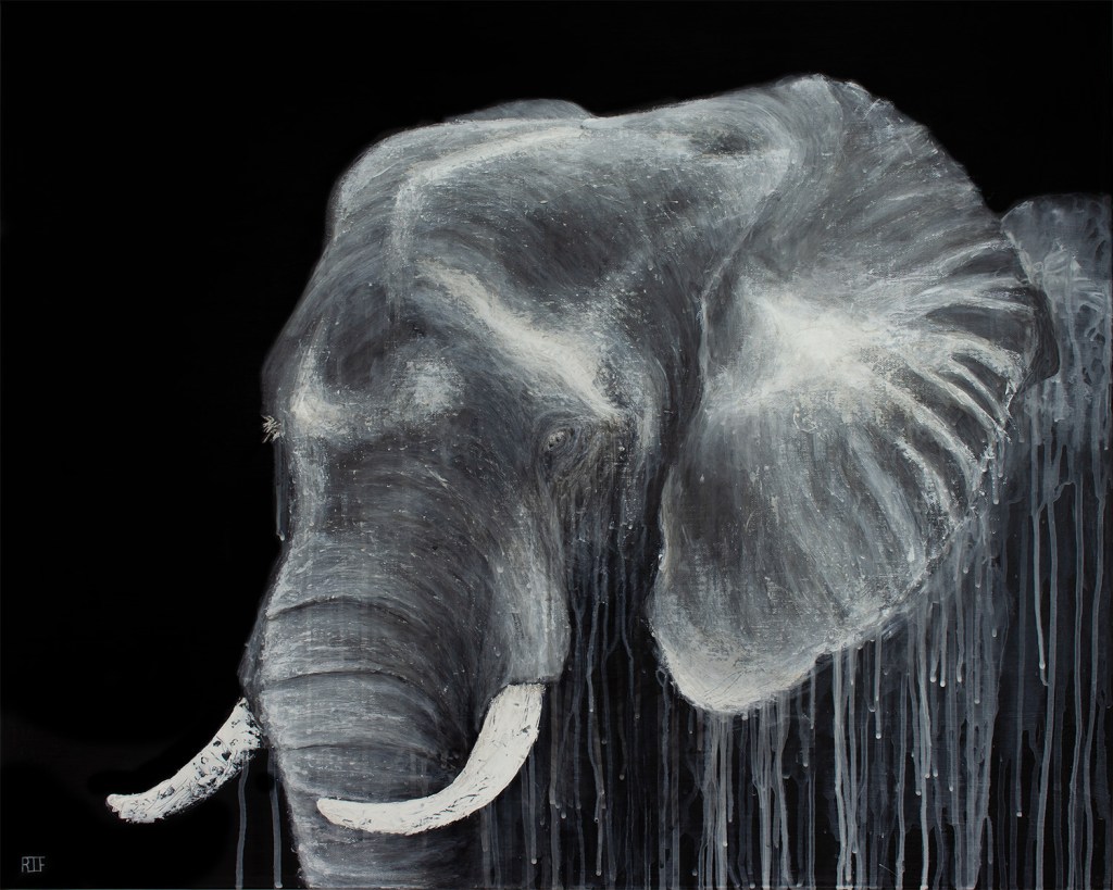 A close-up painting of an elephant's head, predominantly in grayscale, with a black background and dripping textures.