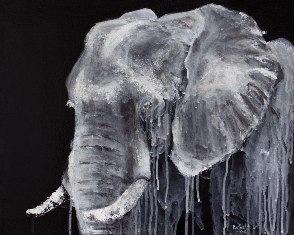 A painting of an elephant with a textured, dripping appearance, set against a black background.