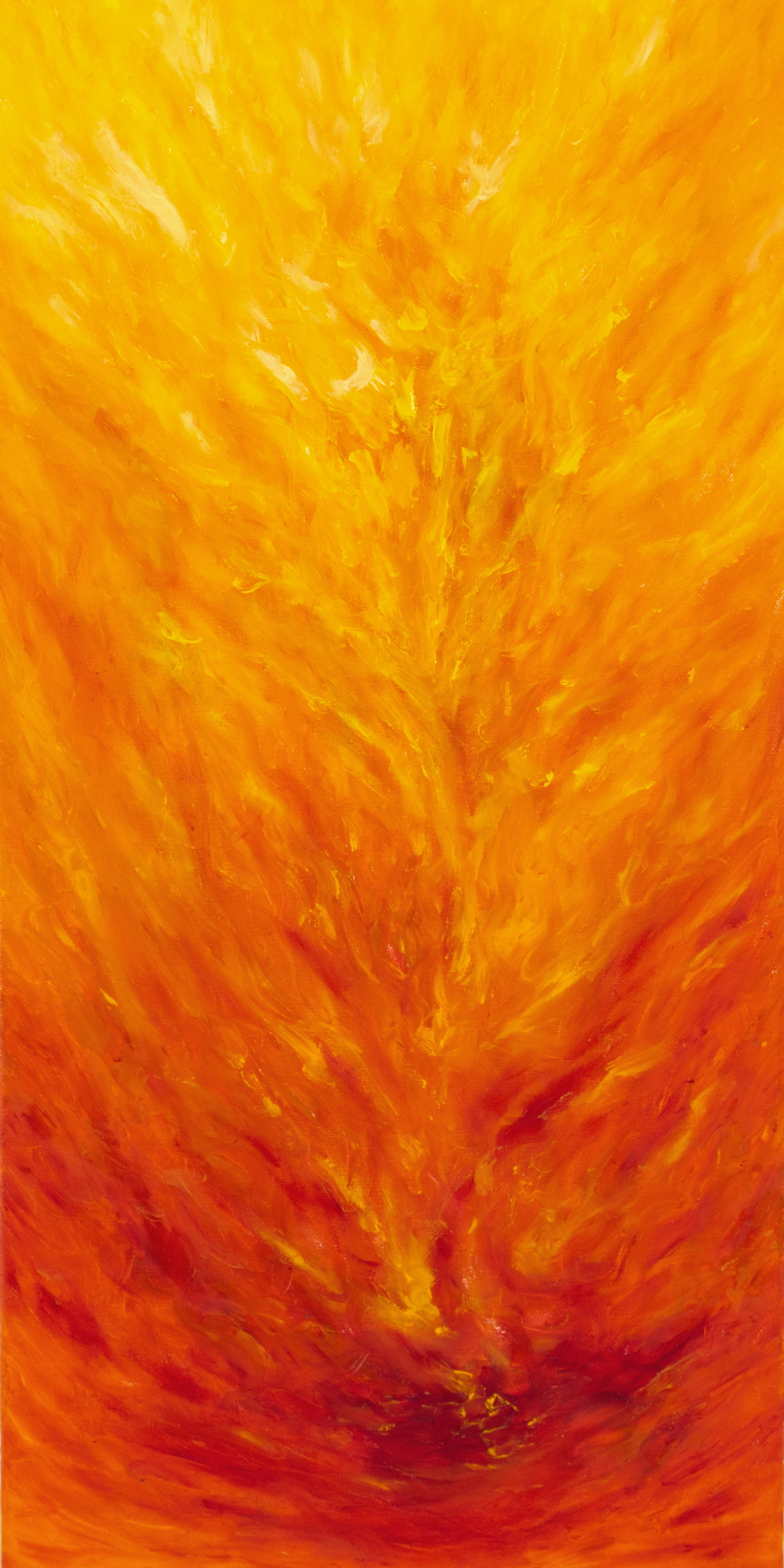 An abstract art piece featuring vibrant shades of yellow and orange, creating a dynamic swirling effect.