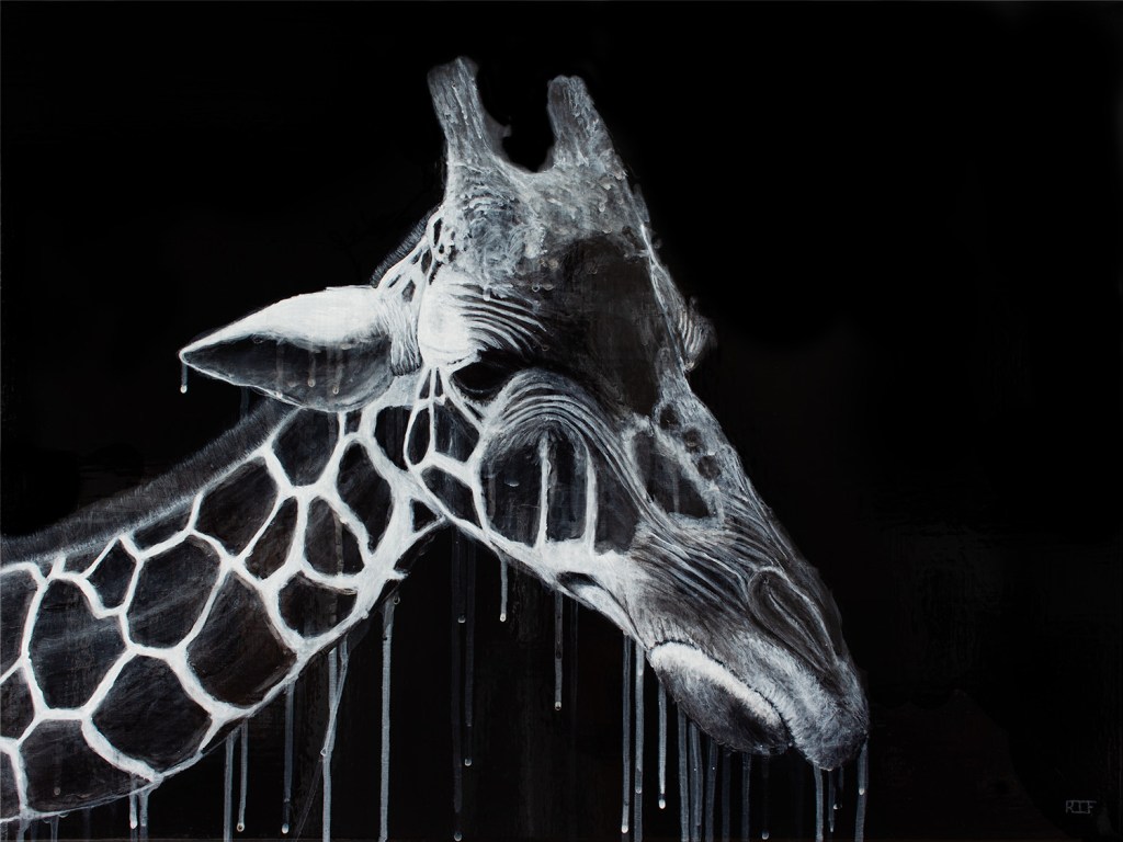 A detailed artistic rendering of a giraffe's head in black and white on a dark background, with dripping paint to suggest texture and depth.