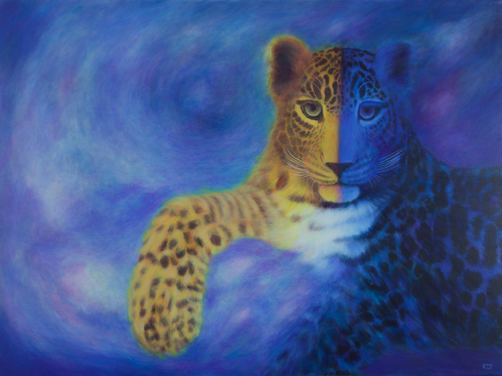 A colorful, artistic representation of a leopard with a blend of blue hues in the background.