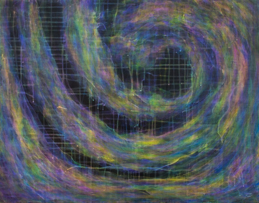 An abstract painting featuring swirling patterns in vibrant colors of purple, blue, green, and hints of yellow, set against a dark background with a grid-like structure.